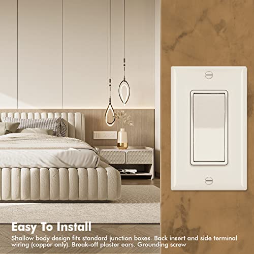 3 Way Decora Light Switch, Paddle Rocker Residential Grade 3 Wires Grounding Screw Single Pole 15A 120V/277V Ul Listed Micmi Ivory (3Way, With Wallplates 10Pack) #TOP6