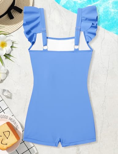 Image of Girls Swimsuit Ruffle Solid One Piece Bathing Suits 7-18 Years | Teen Bathing Suits for Girls Ruched Sleeveless Girls' Swimwear