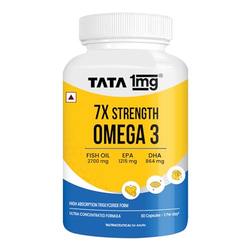 Image of Tata 1mg 7X Strength Omega 3 Fish Oil 2700 mg | High Absorption Triglyceride Form | 1215 mg EPA + 864 mg DHA | With Vitamin E | Heart, Brain, Joint & Eye Health | 60 Softgel Capsules