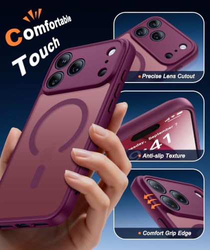 Image of FNTCASE for iPhone 17 Pro Case: Translucent Wine Red Slim Cases Compatible with MagSafe, Full Camera Protection & Tempered Glass Protector, 14FT Military Grade Drop Tested, Matte Skin-Friendly