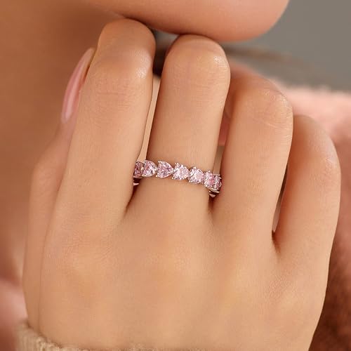 Dainty Pink Heart Rings for Women 925 Sterling Silver Promise Rings for Her Cubic Zirconia Eternity Engagement Wedding Band Purity Ring Mother Daughter Friendship Ring Birthday Christmas Gifts2