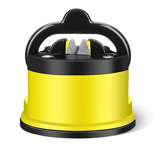 Godmorn Afilador de Cuchillos Profesional,Afilador de Cuchillos Manuales para Todos los Tipos de Cuchillos,Base de Ventosa,Antideslizante,Fácil de Usar, Ideal para USA en Cocina y Exterior-Amarillo
