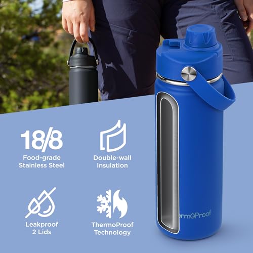 Image of ThermoProof Insulated Water Bottle - Stainless Steel, Wide Mouth, Screw Lid & Spout Lids, Leakproof, Dishwasher Safe, Reusable - Keeps Drinks Hot or Cold - for Adults & Kids - 18oz, Blue