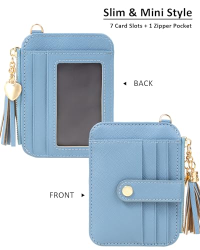 KOTORA Small Card Case Womens Wristlet Keychian Card Holder Cash Coin Purse Girls Cute Tassel Wallet Slim Front Pocket Zip Wallets (Blue)3