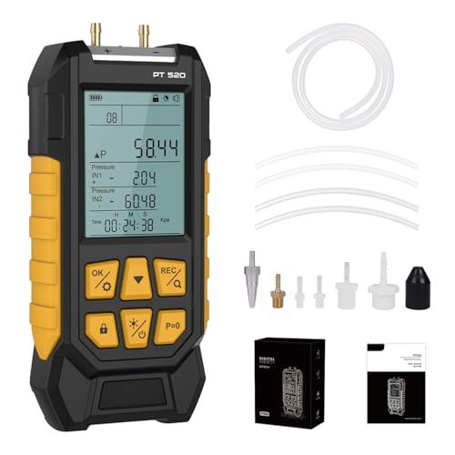 Manometer, Dual-Port HVAC Manometer with 7 Adapters, 10 Units Switch, Data Locking &amp; Storage, Backlit Display Screen Gas Pressure Tester, -100 to 200Kpa, PT520