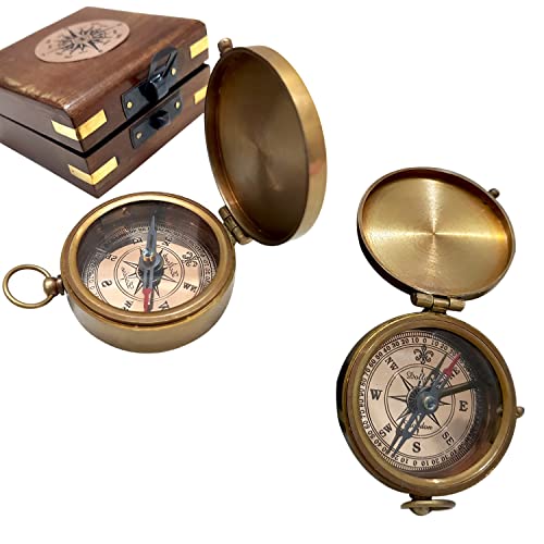 Brújula de Bolsillo de Latón Antiguo con Caja de Madera miniatura 4