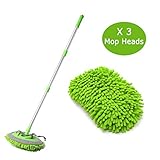 SUNPLAY 2 in 1 Car Wash Mop Mitt with Long Handle,Microfiber Car Wash Dust Brush Extension Pole 180 Degree,Scratch Cleaning Tool for Car,Truck,RV,3 Pcs Mop Heads (Green)