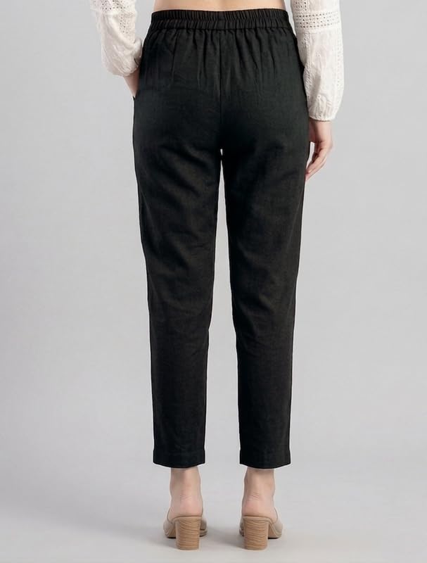 Image of Solid Cotton Woman Trousers Pants Regular Fit Kurti Pant with Drawstring Daily Office Formal Casual Use