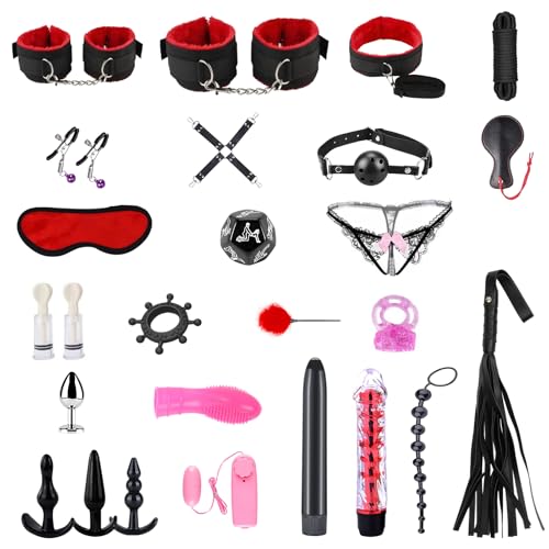 Oziral Bondage Set 26-piece Restraint Set and Passion Beginner Including Anal Plug Handcuffs Vibrator Bouncy Eggs etc. Suitable for Couples Red
