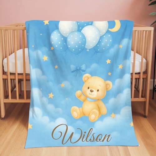 Image of Personalized Baby Blanket with Name, Custom Name Blanket for Kids Soft Flanne Blankets in Easter Personalized Baby Gifts for Infant Newborn Shower (Blue Pink)