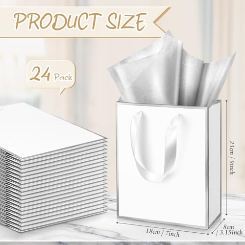 Image of Yeaqee 24 Pack Metallic Paper Gift Bag with Tissue, White, Silver | with Satin Ribbon Handle and Tissue, 9x7x3.1 Inch, Suit Business, Birthday, Christmas, Thank You Return Gifts Bags