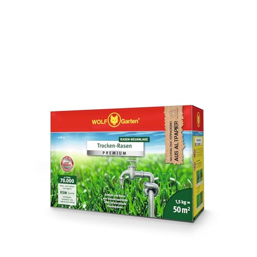 WOLF-Garten Trocken-Rasen PREMIUM L-TP 50 (für 50 m², hohe Dichte mit ca. 70.000 Trieben/m2, sehr gute Hitze- und Trockenverträglichkeit, widerstandsfähig gegen Frost, 1,5 kg Faltschachtel) 3824630