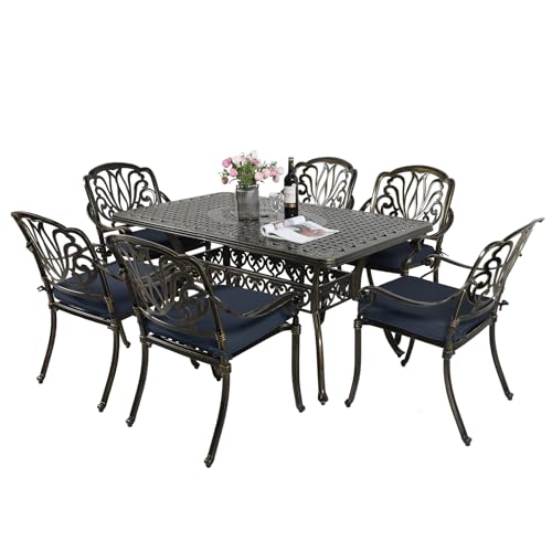 Image of MEETWARM 7-Piece Outdoor Patio Dining Set, 6 Outdoor Dining Cushioned Chairs and 1 Rectangle Table with 2 inch Umbrella Hole, All Weather Cast Aluminum Patio Funiture Set for Backyard, Navy Blue