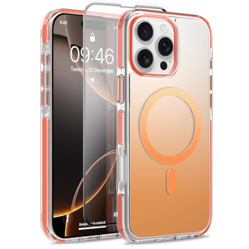 Image of Magnetic Case for iPhone 16 Pro Max [Compatible with Magsafe] [Anti-Yellowing] [1 Screen Protector] Slim Clear Iridescent Case for iPhone 16 Pro Max 6.9 inch 2024, Orange