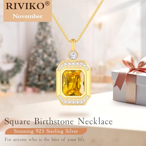RIVIKO Square Birthstone Necklace for Women,925 Sterling Silver Gold Plated Birthstone Pendant Anniversary Birthday Valentines Gifts for Her Women Mom Wife Friend Lady2