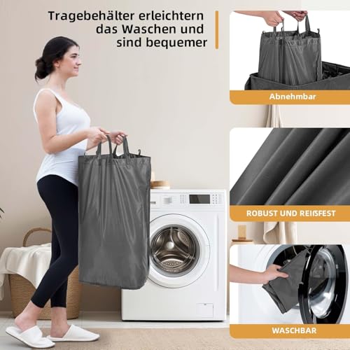 Wäschekorb Mit Deckel, 160L Extra Große Wäschekorb 3 Fächer Schmutzige Kleidung Hampers Für Wäsche Wäschesammler 3 Fächer Geteilt Für Schlafzimmer, Dunkelgrau