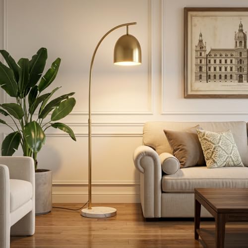 Image of Floor Lamp 3-Color CCT (Warm + Natural + Cold White) Arc Gold Metal with Marble Base | E27 | Standing Lamp for Living Room Bedroom