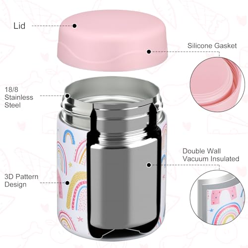 wiwens 12oz Soup Thermo for Hot Food Kids Insulated Food Jar Wide Mouth Lunch Container Leak Proof Stainless Steel Vacuum Bento Box for School Office Travel Outdoors White-Rainbow - Thumbnail 2