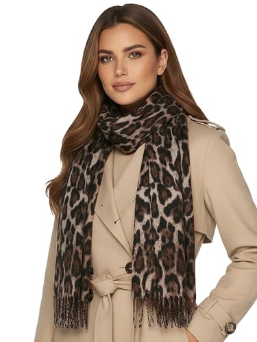Baesics Winterschal Leo Taupe Damen & Herren – Rechteckschal ca. 170 cm – Kuscheliger, weicher Leo-Print Schal im zeitlosen Animal-Design – Modisches Winter-Accessoire