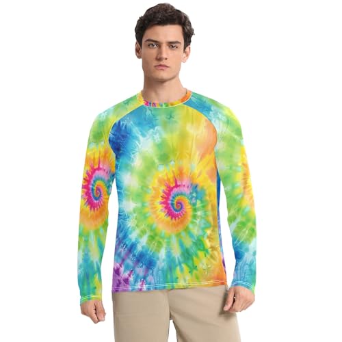 Colorful Tie Dye Men Rash Guard UV Sun Protection UPF 50+ Sun Shirt Long Sleeve Quick Dry Athletic Workout Tshirts, Large