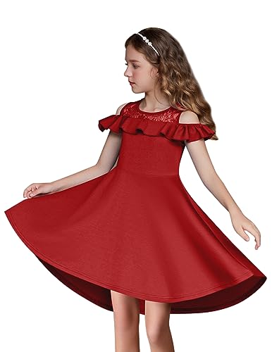 Arshiner Girls Dress Lace Cold Shoulder Everyday Cute Flower High Low Party Dresses Red 9-10 Years #TOP2