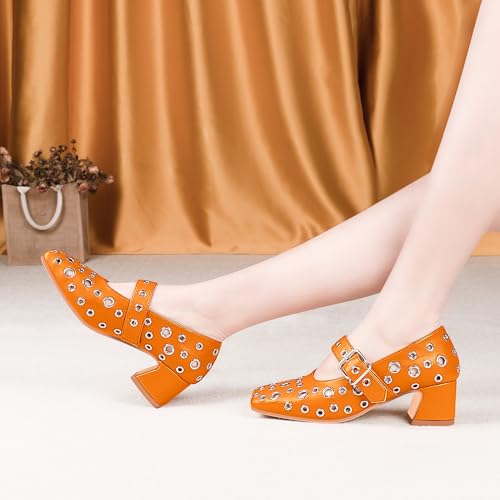 Women's Square Toe Mary Jane Pumps with Studded Metal Grommet Block Heel Buckle Strap Shoes4