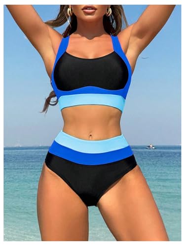 Verdusa Women's 2 Piece Colorblock Beach Vacation Clothes Backless High Waisted Bikini Sets2