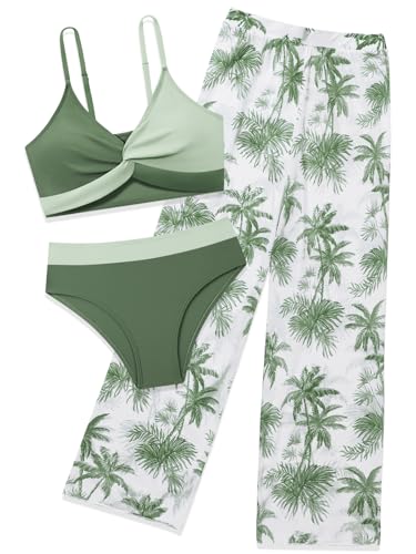 Image of Girls Swimsuit 3 Piece Bathing Suit Criss Cross Bikini Set Tropical Floral Swimwear with Mesh Cover Up Pants Size 9-16Y