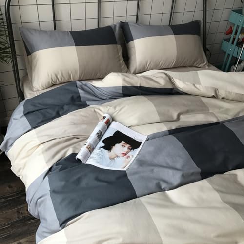Image of mixinni Full Size Checkered Duvet Cover Set - 3 Piece Grey Geometric Cotton Bedding Set with Zipper Closure & Corner Ties, 100% Washed Cotton Soft Breathable Duvet Cover for Men, Women, Teens (Full)