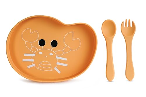 Image of TIGGY & BONNET Crab 2 Pcs Silicone Baby Feeding Set | BPA-Free, Microwave Safe, Anti-Slip Base, Suction Plate & Spoon