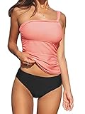 CUPSHE Damen Tankini Set One Shoulder Bauchweg Tankini Bademode Raffungen Asymmetrischer Zweiteiliger Badeanzug Swimsuit Peachy XS