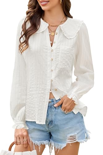 ECOWISH Women's Long Sleeve Shirts - Peter Pan Collar Button Down Blouse Dressy Casual Puff Cotton Elegant Fall Tops