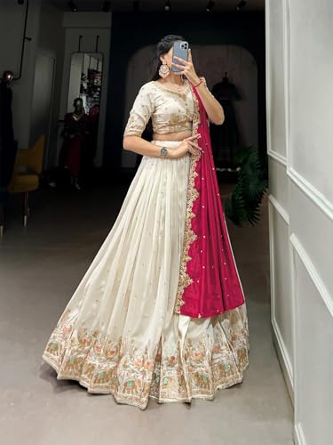 Image of KEDARFAB Women's Chinnon Traditional Motiff Semi-Stitched Lehenga Choli With Dupatta Set (Baarati 02)