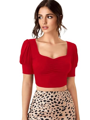 Image of Sweetheart Neck Ruched Front Puff Sleeve /Half Sleeve Streachable Solid /Plain Slim Fit Crop top for Women | Women's Slim FIT Crop TOP | Tops for Women