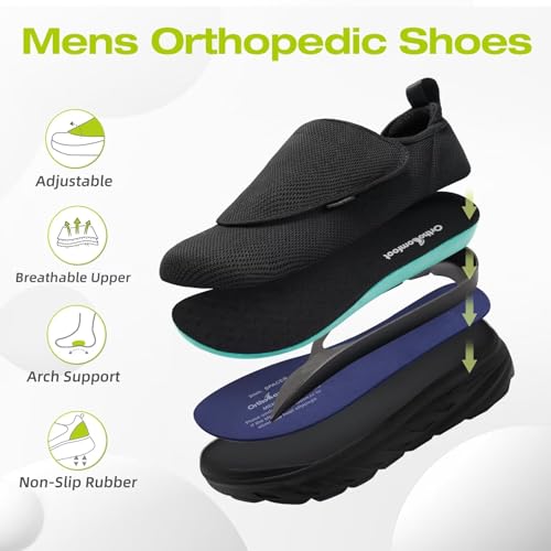 Men's Orthopedic Diabetic Wide Walking Shoes: Supportive Plantar Fasciitis Slip-Ons with Hook and Loop for Neuropathy, Casual Wide Width Toe Box Loafers Adjustable Fit for Vacation Black Size 11.5 by OrthoComfoot - Image 4