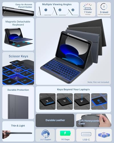 Image of typecase Folio Keyboard Case for iPad A16 (11th) & iPad 10th Gen 10.9 inch (2022), Magnetic Wireless Detachable Keyboard, 7-Color Premium Backlight, Thin & Light, Pencil Holder-Charcoal Grey