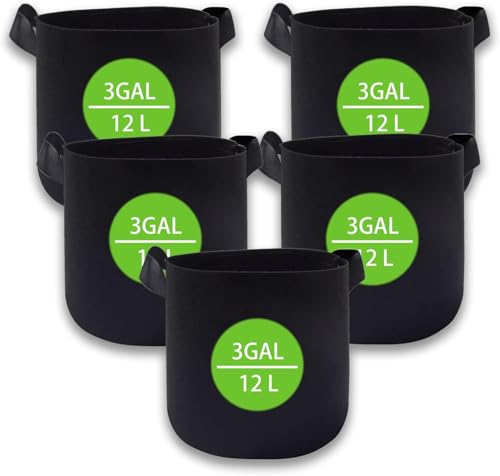 puiaxod Pflanzsack 12L (3 Gallonen) 5er Set - Extra Starker 300g/m² Vliesstoff Stofftopf - Atmungsaktive Grow Bags mit Verstärkten Griffen - Robust für Tomaten & Gemüse (Schwarz)