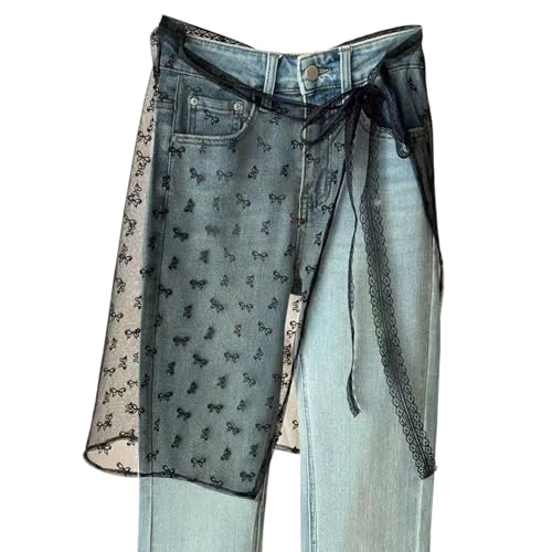 Damen Spitzenrock, Vintage Spitze Überrock, Y2K-Rock, Coverup-Rock zum Binden, Durchsichtig, Mehrlagiger Skirt, Netzstoff, Gestapelt, Wickelrock,...