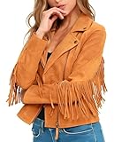 Women's Fringe Genuine Suede Leather Jackets 2025 Fashion Tassel Motorcycle Cropped Coats (US, Alpha, X-Large, Regular, Regular, Tan Brown)