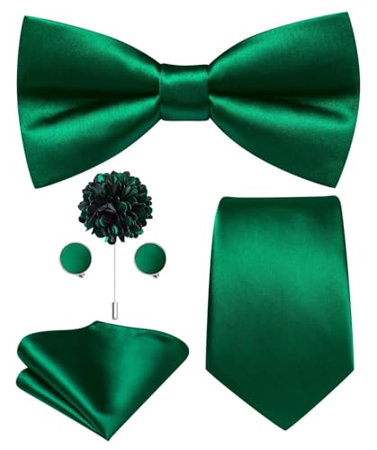 Image of Hi-Tie 5Pcs Mens Solid Color Silk Tie Satin Pretied Bowtie Lapel Pin for Men Handkerchief Cufflink Wedding Gift Box