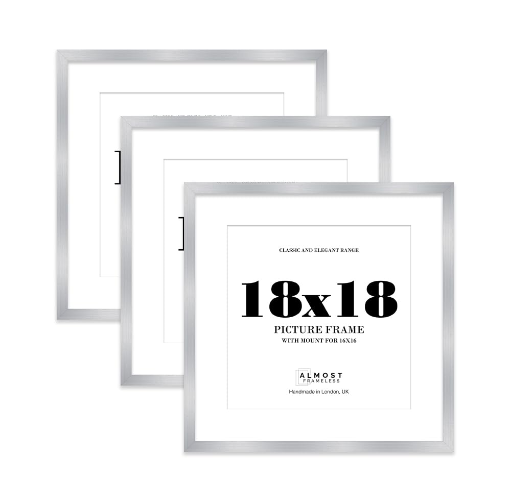 18x18 Silver Picture Frame with Mount for 16x16 Photos, Prints - Modern Square Wall Frame, Set of 3
