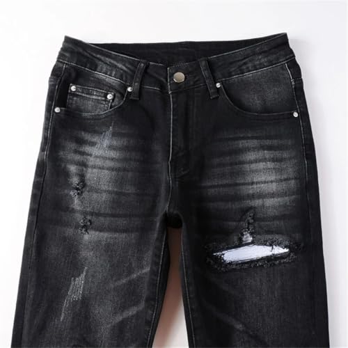 Men’S High Street Slim Fit Stretch Denim Pencil Pants Zipper Fly Washed Effect Distressed Patches Full Length Jeans3