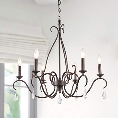 LALUZ Transitional Chandelier for Living Room Vintage Hanging Light Fixture with Crystal Pendant, 28” L x 25.5” H, Bronze