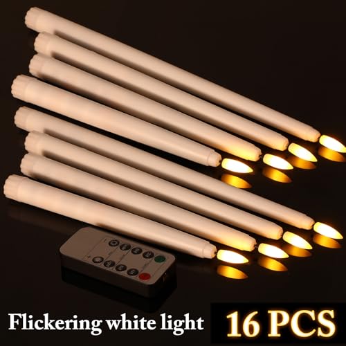 Image of Rossesay 16 Pcs White Flameless Taper Candles Battery Operated Candles with Remote Timer 8.5 inch 9.6 inch 10.8 inch 12.8 inch LED Flameless Flickering Candlestick for Halloween Christmas Wedding Party Decor