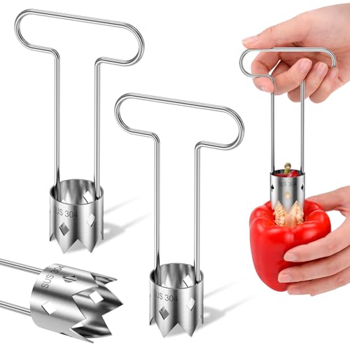 2 Pack 304 Stainless Steel Pepper Corer, Quick Seed Removal Tool for Bell Peppers, Tomatoes & Strawberries, Ergonomic T-Grip Vegetable Corer, Dishwasher Safe