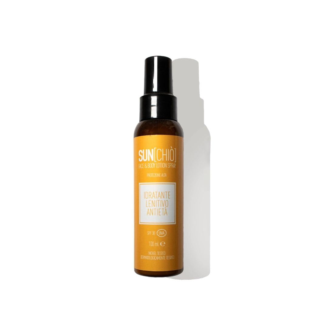 Sunchiò Lozione Solare Spray Viso e Corpo SPF 30, Protezione Alta, Azione Idratante, Lenitiva, Antietà, Texture Leggera a Rapido Assorbimento, Per Tutti i Tipi di Pelle, 100ml