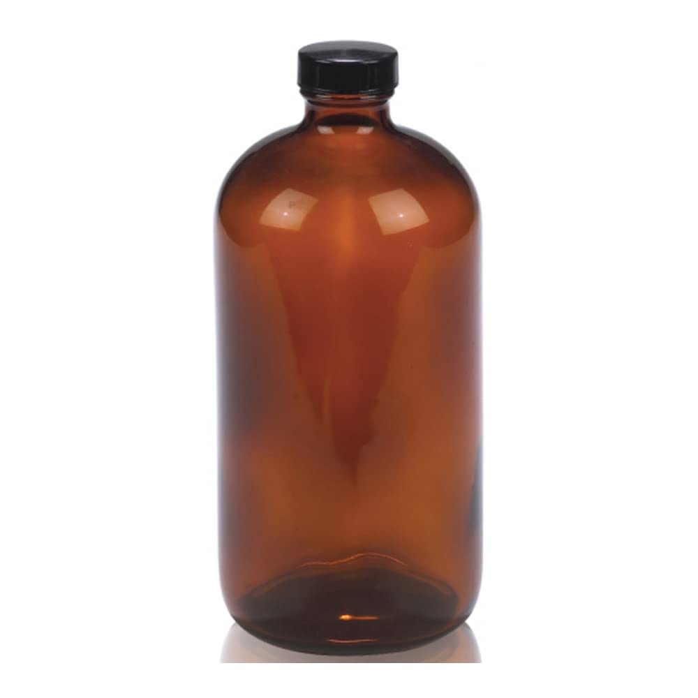 Wheaton 220956 Safety Coated Bottle, Boston Round Style, Amber Glass, 32oz With 33-400 Black Phenolic Poly-Seal Lined Screw Cap, 96mm x 210mm (Case of 12)