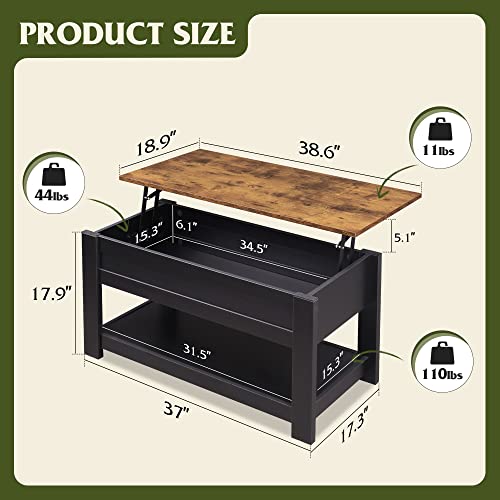 Image of WLIVE Coffee Table, 39 inch Lift Top Coffee Table with Hidden Compartment and Storage Shelf for Living Room, Rustic Brown