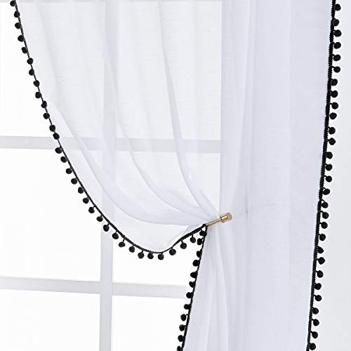 Image of Treatmentex Sheer White Curtains with Black Pom Pom Curtains 84 inch Long Linen Textured Look Decorative Window Drapes Navy 52 inch w 1Pair