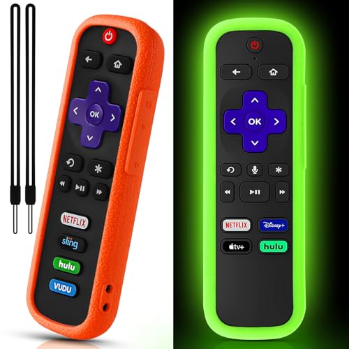 Image of 2 Pack Remote Cover for Roku, Battery Cover for TCL Roku Smart TV Steaming Stick Remote, Silicone Remote Case for Roku Universal Protective Controller Sleeve Skin Glow in The Dark Green Orange